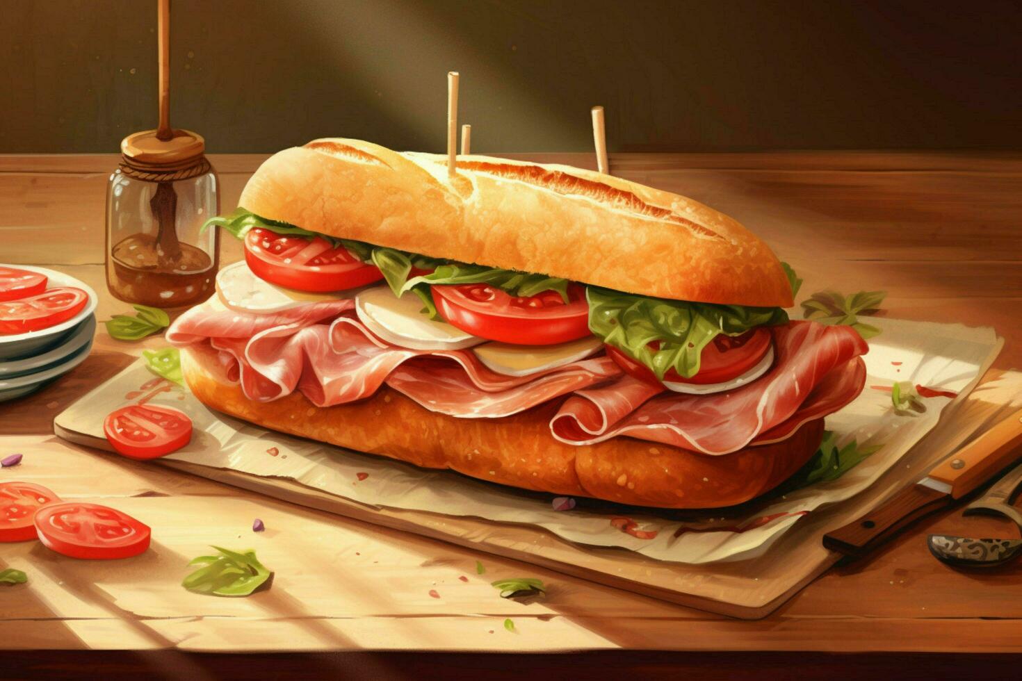 a sandwich made of spanish serrano ham on a table photo