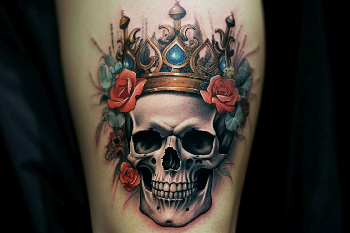 a skull with a crown and a flower on it photo