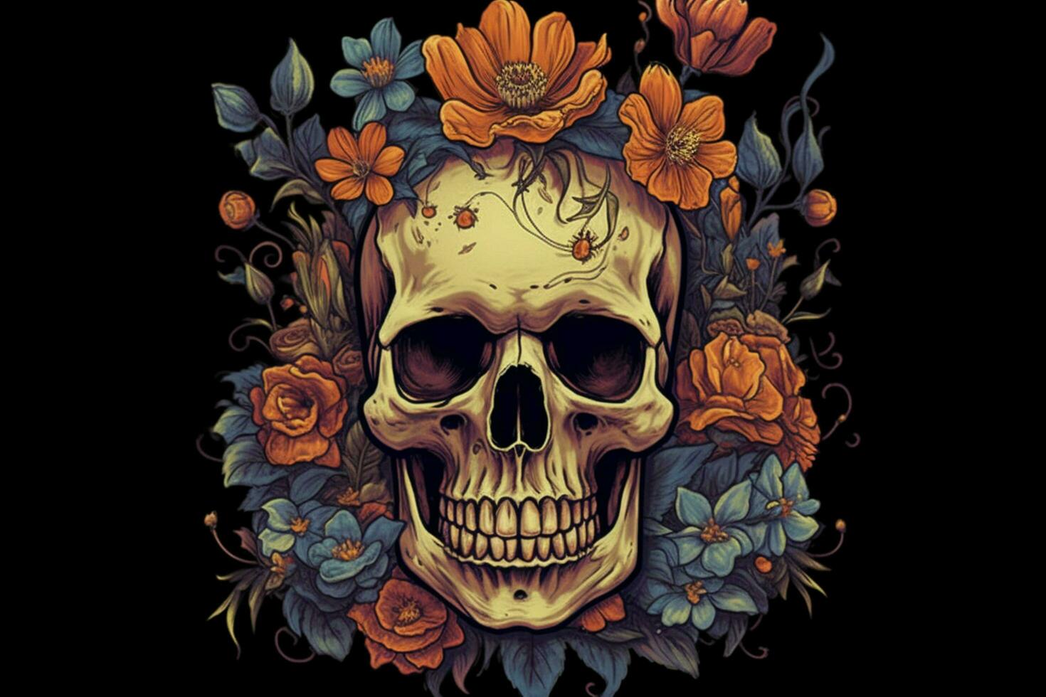 a skull with a crown and a flower on it photo