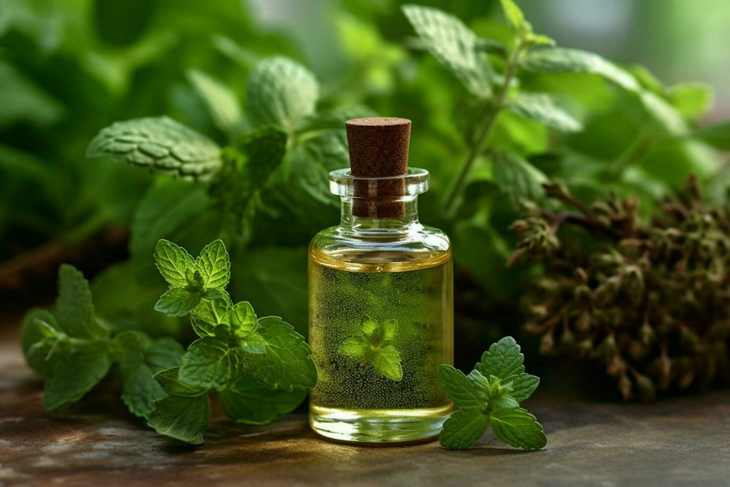 a small bottle of mint essential oil next to a gr photo