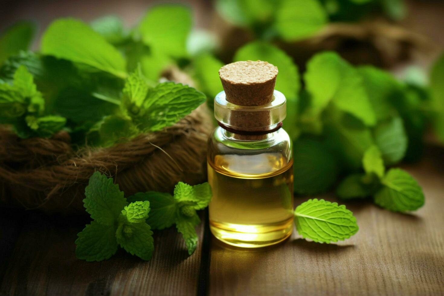a small bottle of mint essential oil next to a pi photo