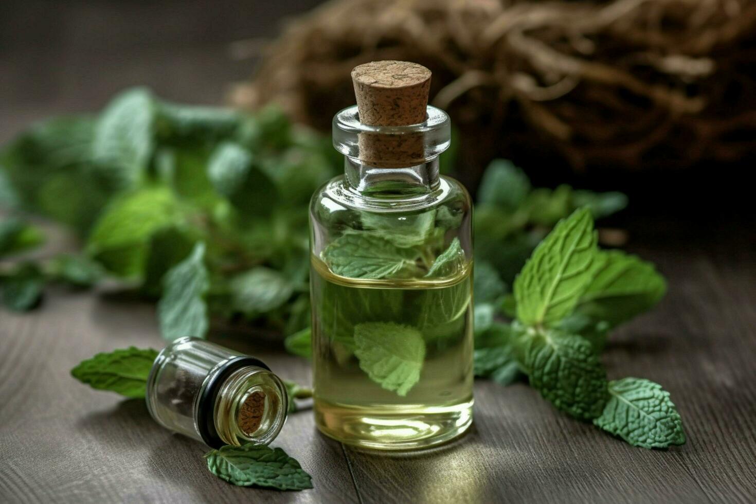 a small bottle of mint essential oil next to a pi photo