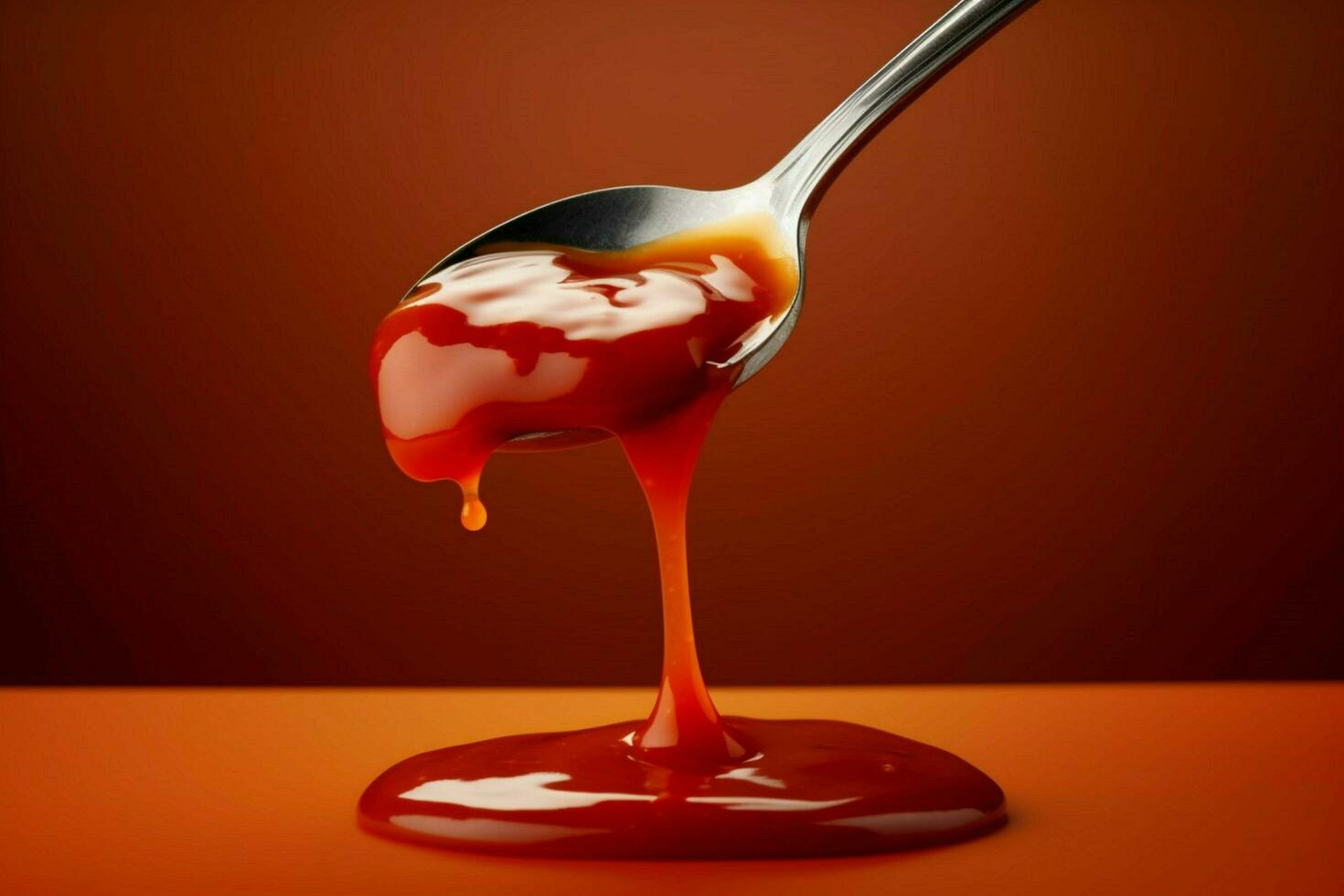 a spoonful of food with a red sauce dripping down photo