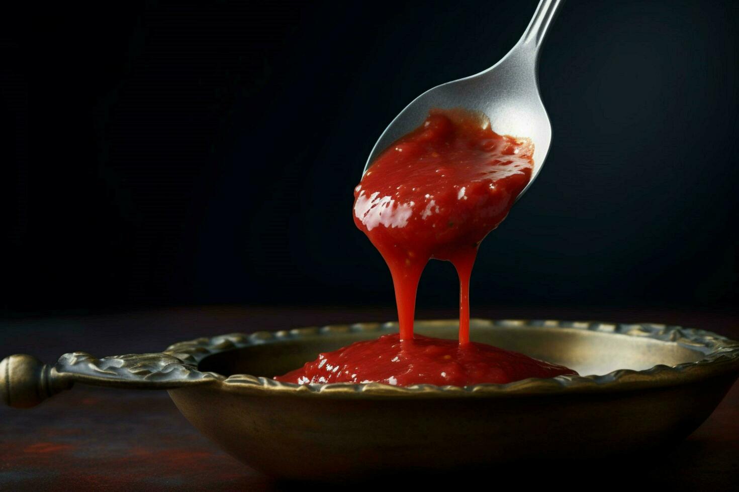 un cucharada de comida con un rojo salsa goteo abajo foto