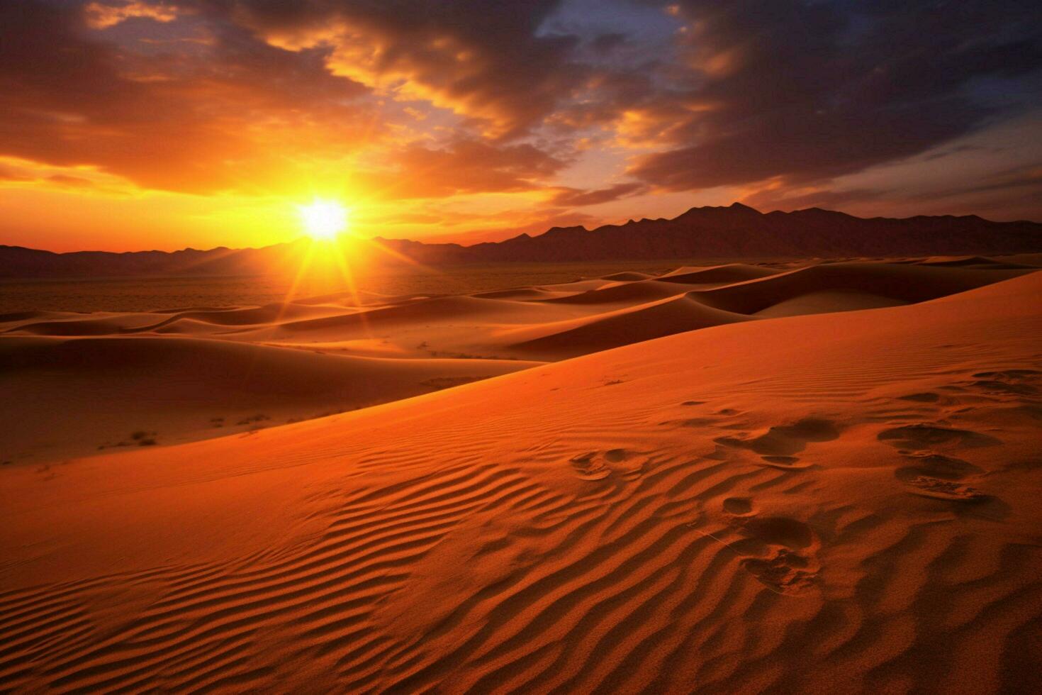 a sunset in the desert with the sun setting behind photo