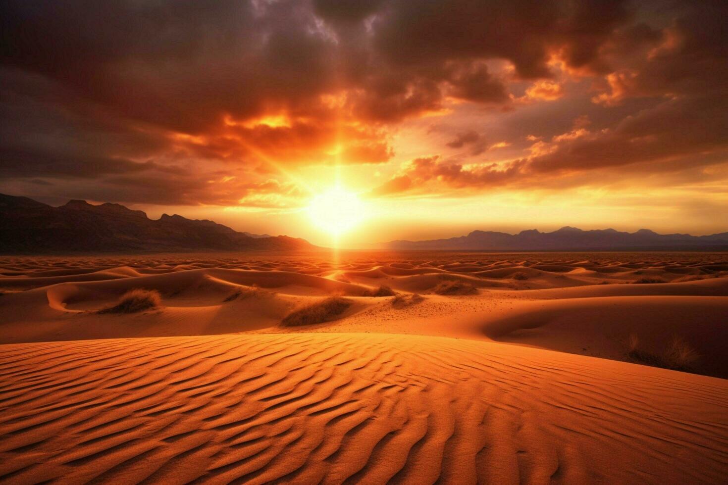 a sunset in the desert with the sun setting behind photo