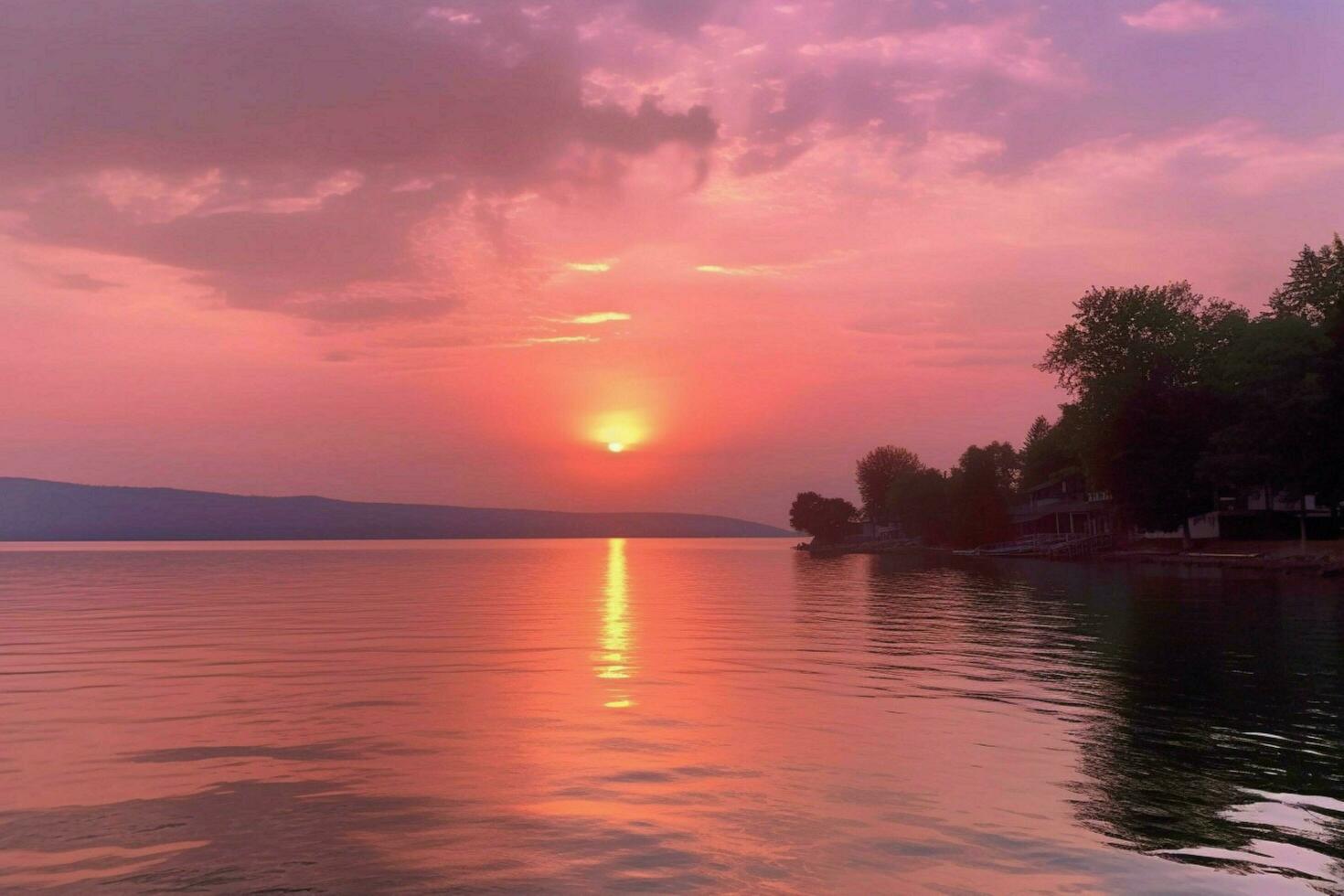 a sunset over a body of water with a pink sky and a photo