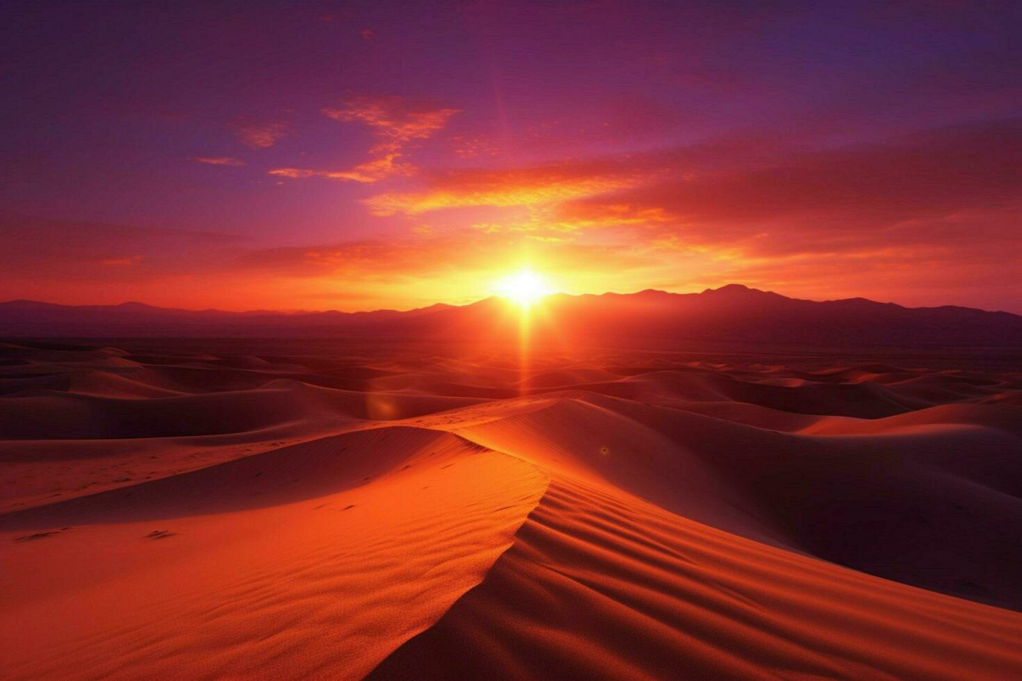 a sunset in the desert with the sun setting behin photo