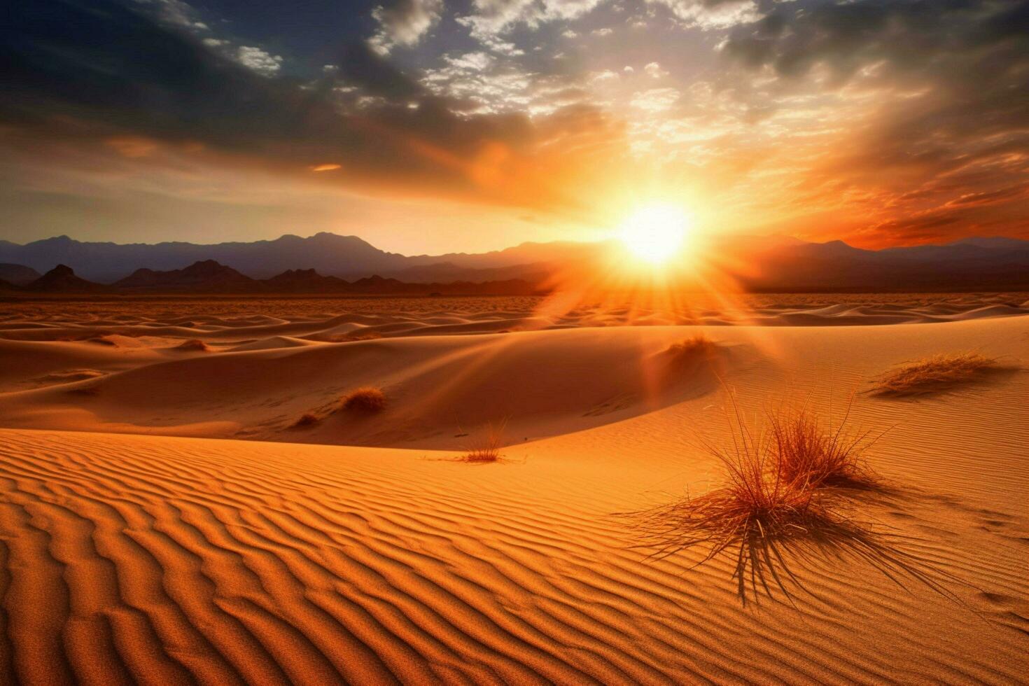 a sunset in the desert with the sun setting behin photo