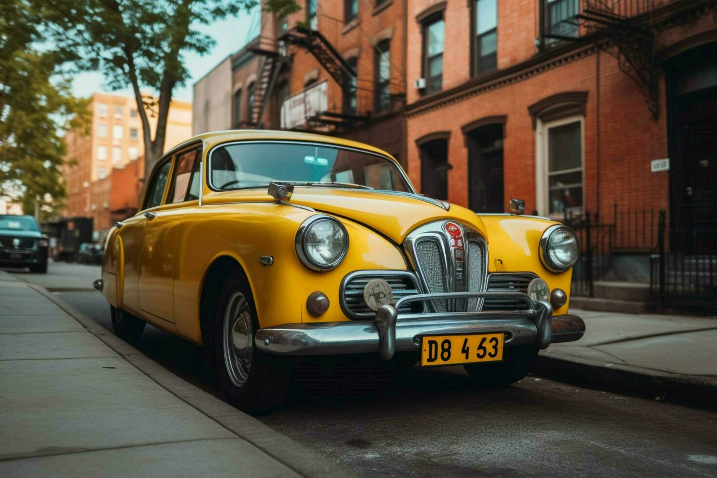 a vintage car with a yellow license plate that says photo