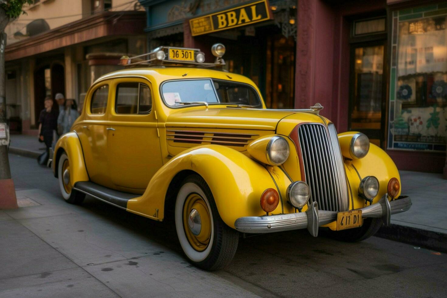 a vintage car with a yellow license plate that says photo