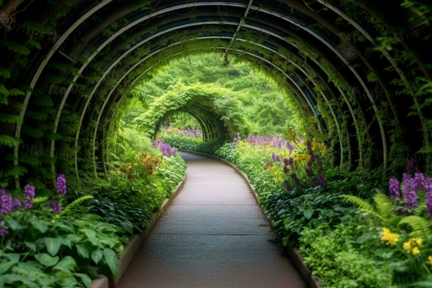 a tunnel with a flower garden in the background photo