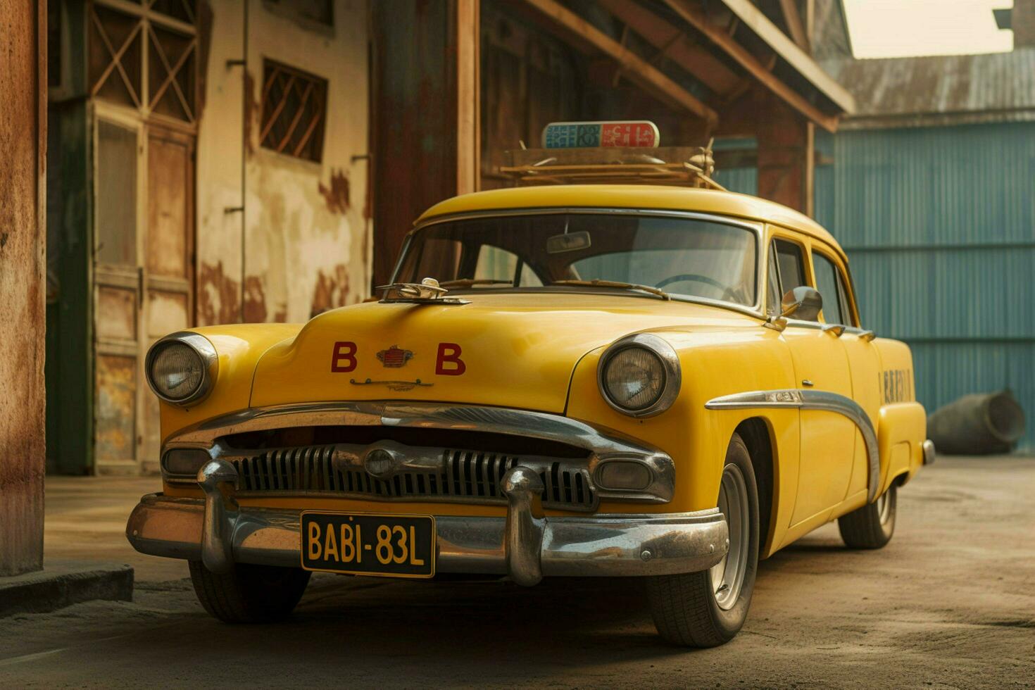 a vintage car with a yellow license plate that sa photo