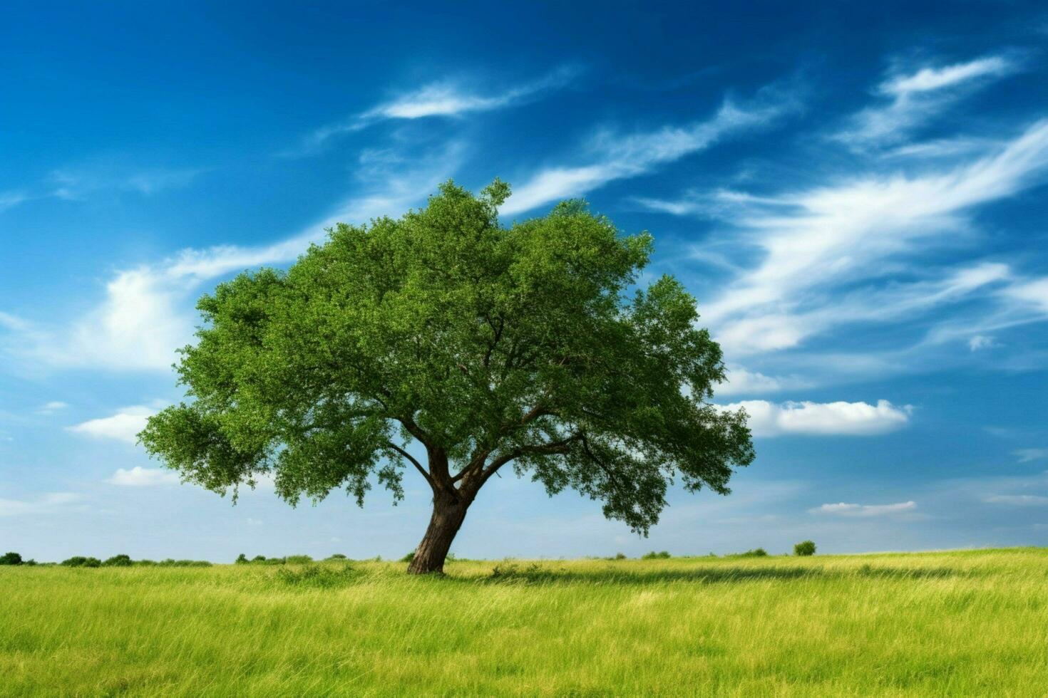 a tree in a field with a green background and a b photo