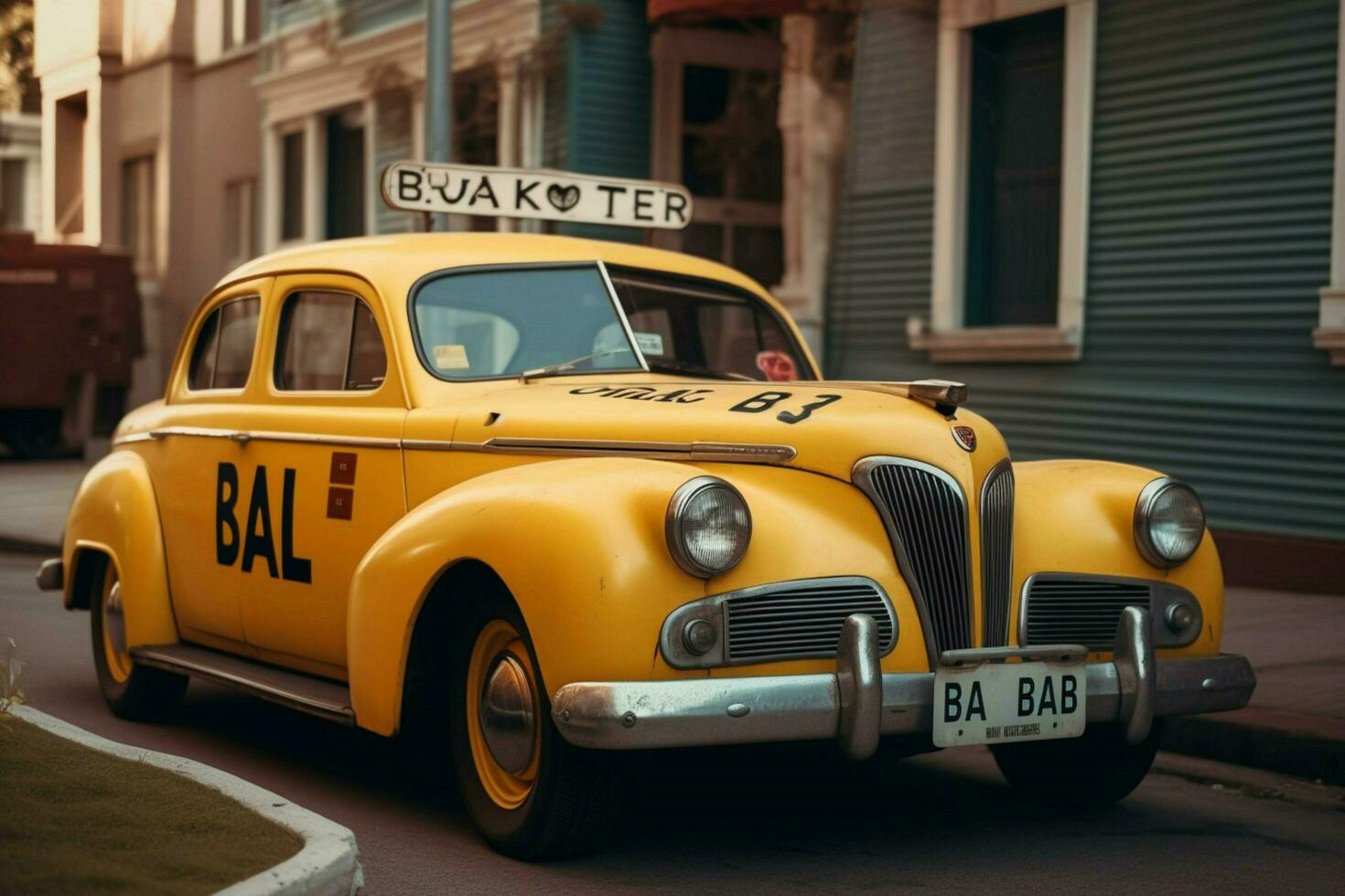 a vintage car with a yellow license plate that sa photo
