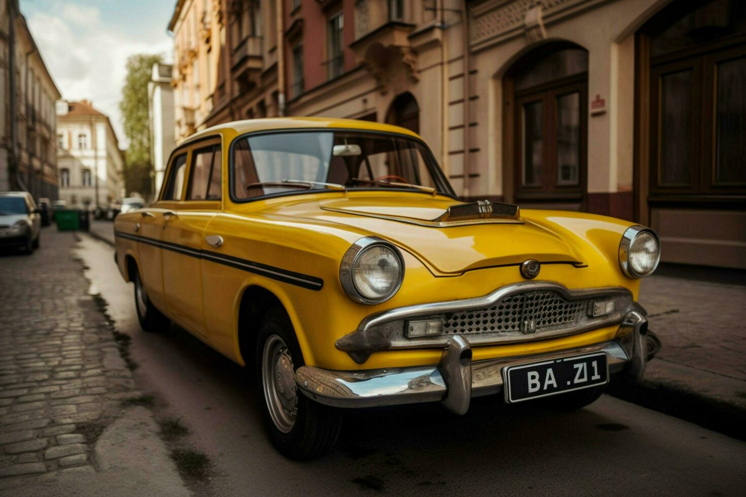a vintage car with a yellow license plate that sa photo