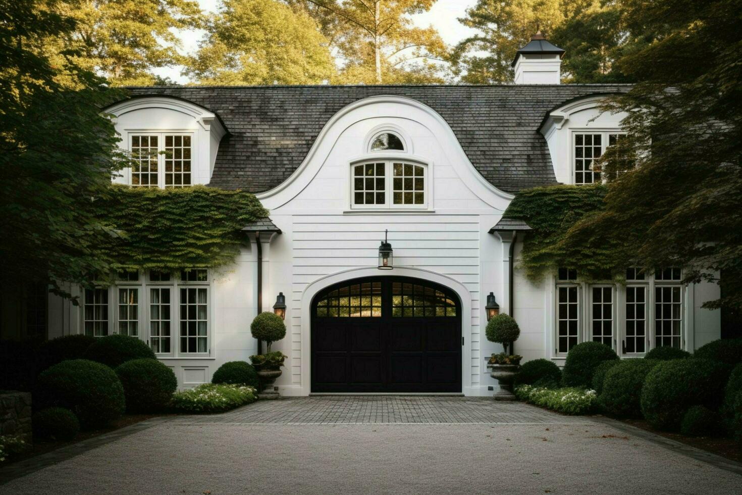 a white house with a large front door and a garage photo