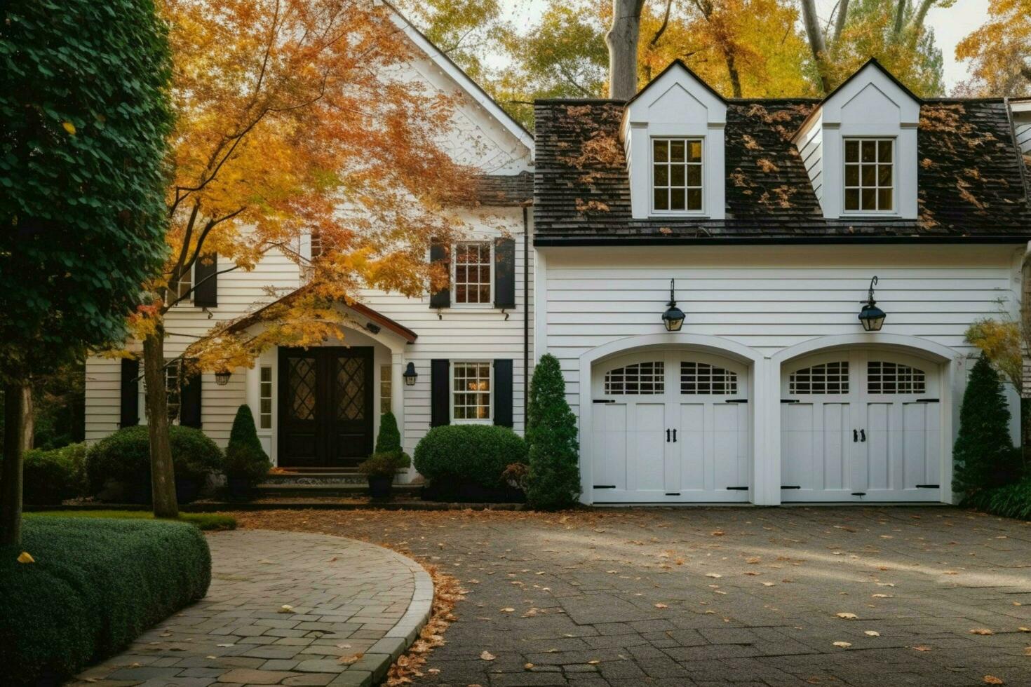 a white house with a large front door and a garage photo