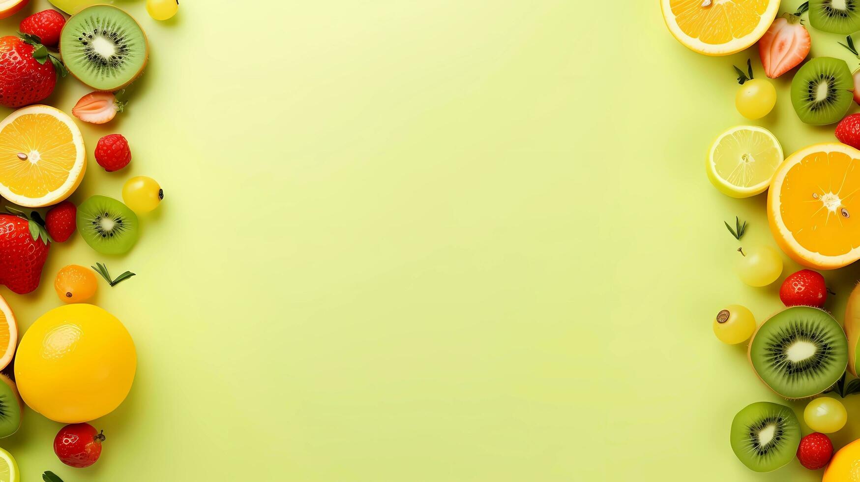 AI generated, a picture frame made up of lemons on the right and left side, minimalism, grass background, matte background, and vibrant color. photo