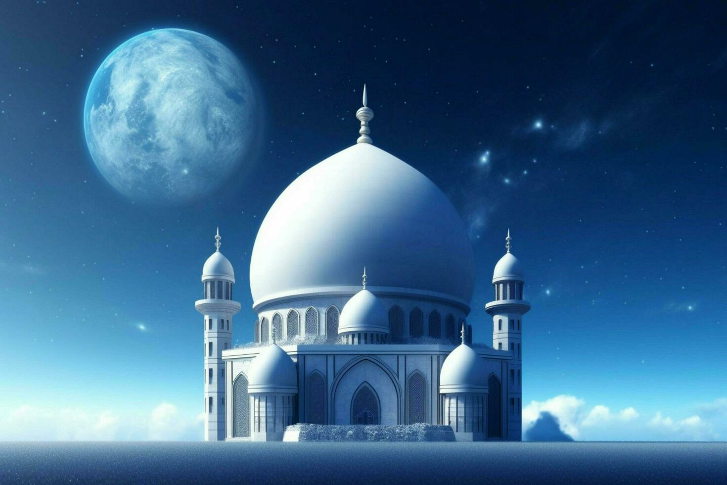 a white mosque with a blue dome and a planet in t photo