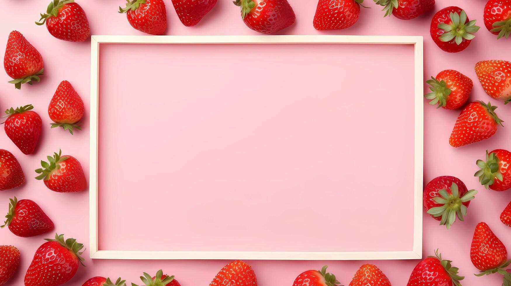 ai generado, un imagen marco hecho arriba de fresas con blanco espacio para texto, minimalismo, suave rosado fondo, mate fondo, rojo vibrante color. foto