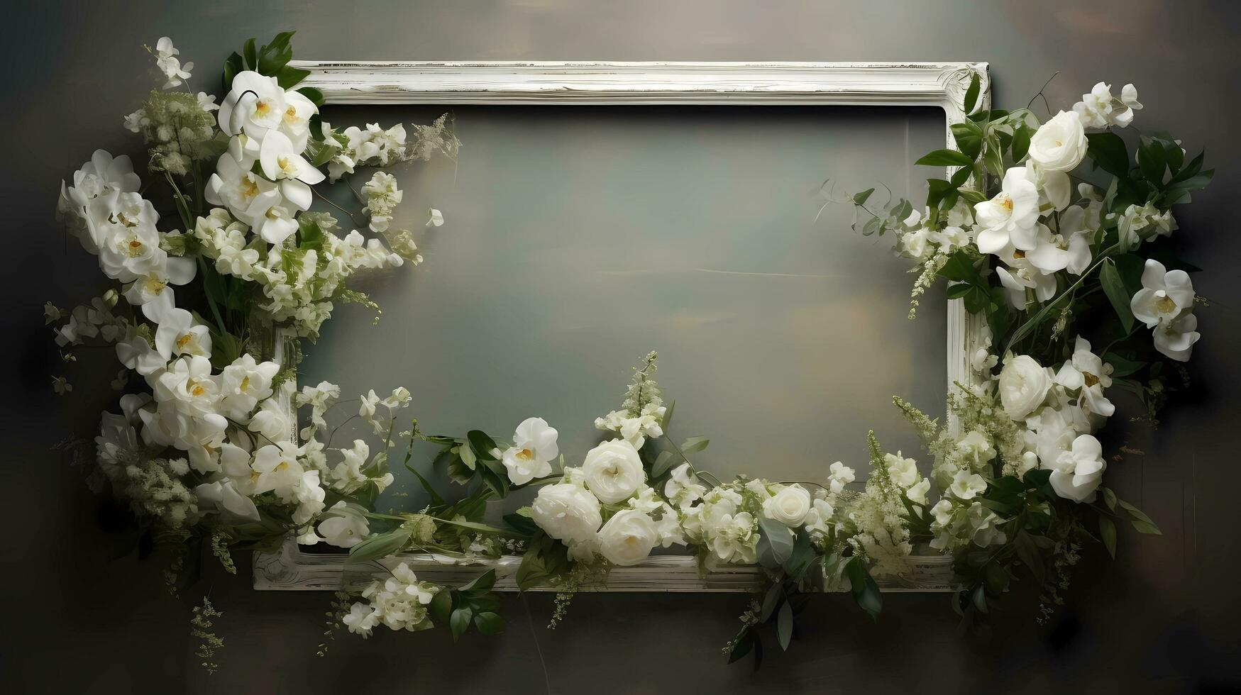 ai generado, flores arreglado en un de madera marco con blanco espacio para texto, blanco y verde estilo, naturaleza estudios, espectacular telones de fondo, crudo materiales foto