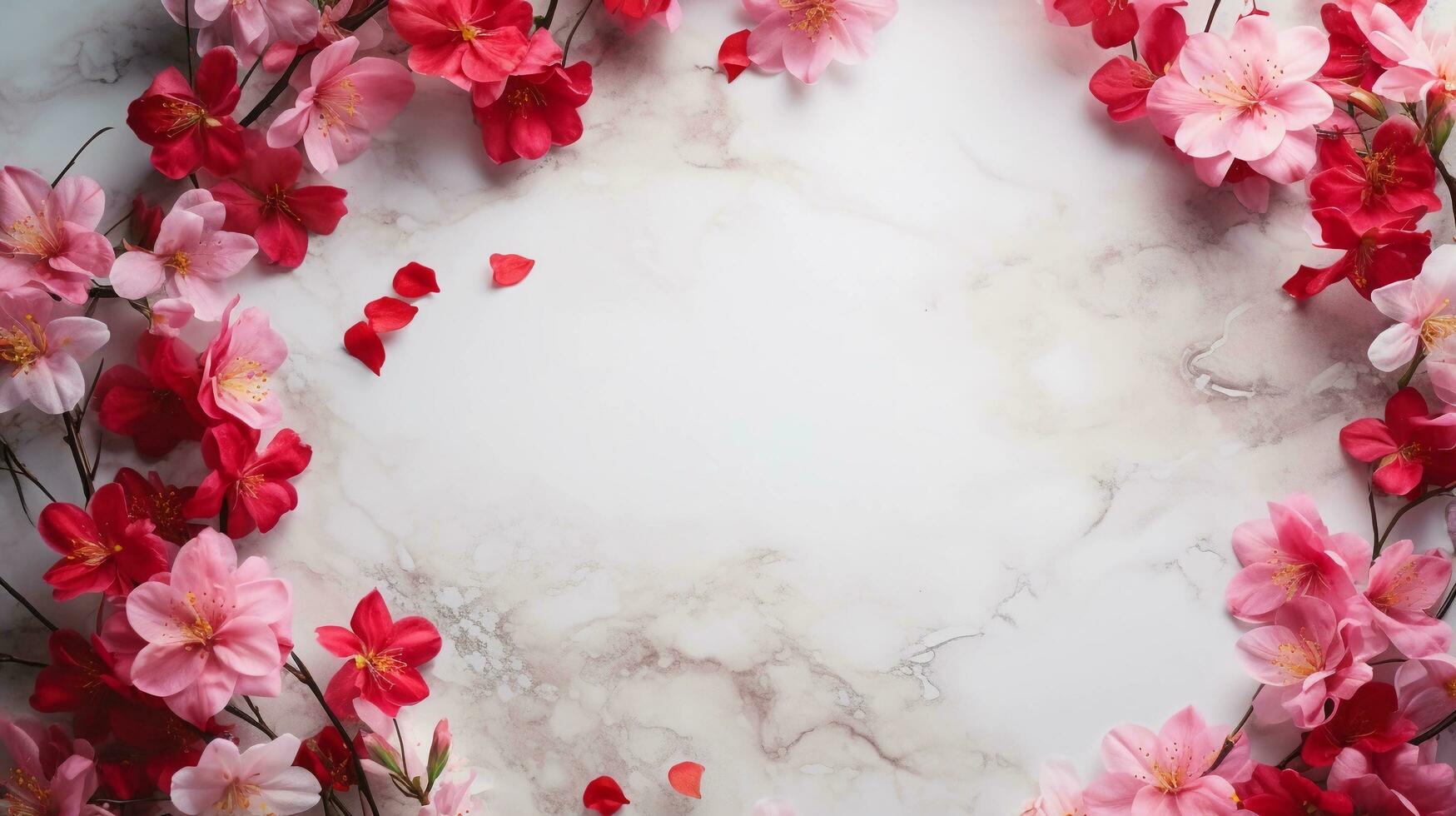 AI generated, red and pink flowers in a circle on a white marble surface, in the style of marble, minimalist backgrounds. photo