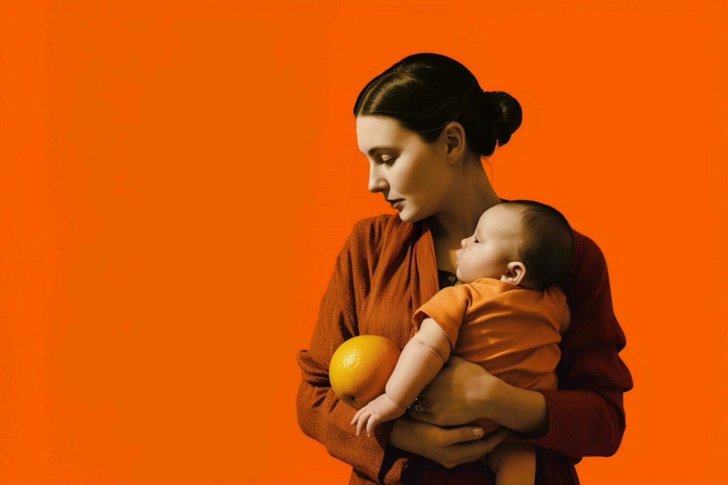 a woman holding a baby in front of an orange back photo