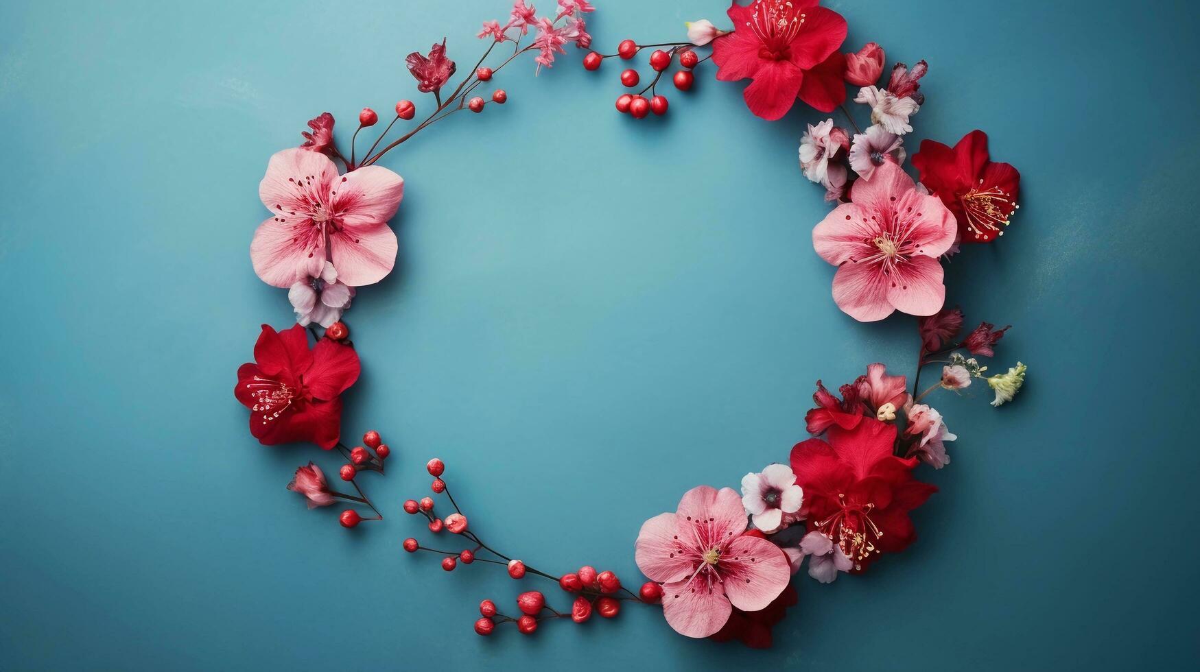 AI generated, red and pink flowers in a circle on a blue surface, in the style of marble, minimalist backgrounds. photo