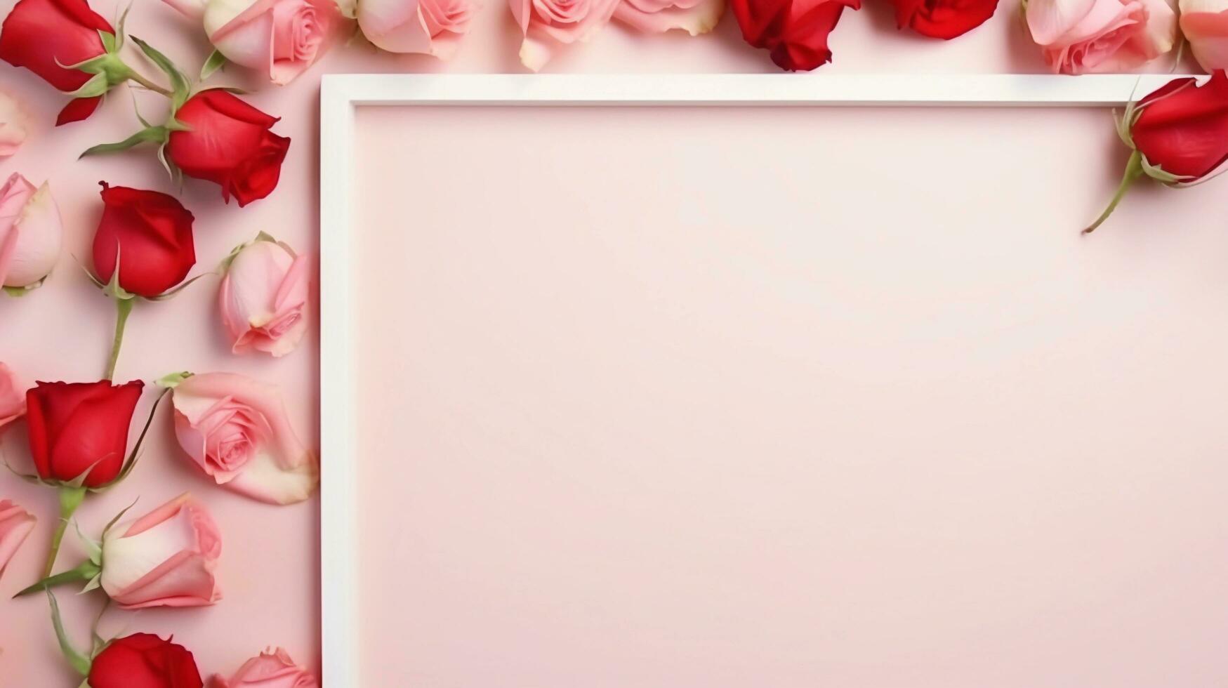 AI generated, a picture frame made up of red roses flowers on soft pink background, top view with space for text on the center, minimalism. photo