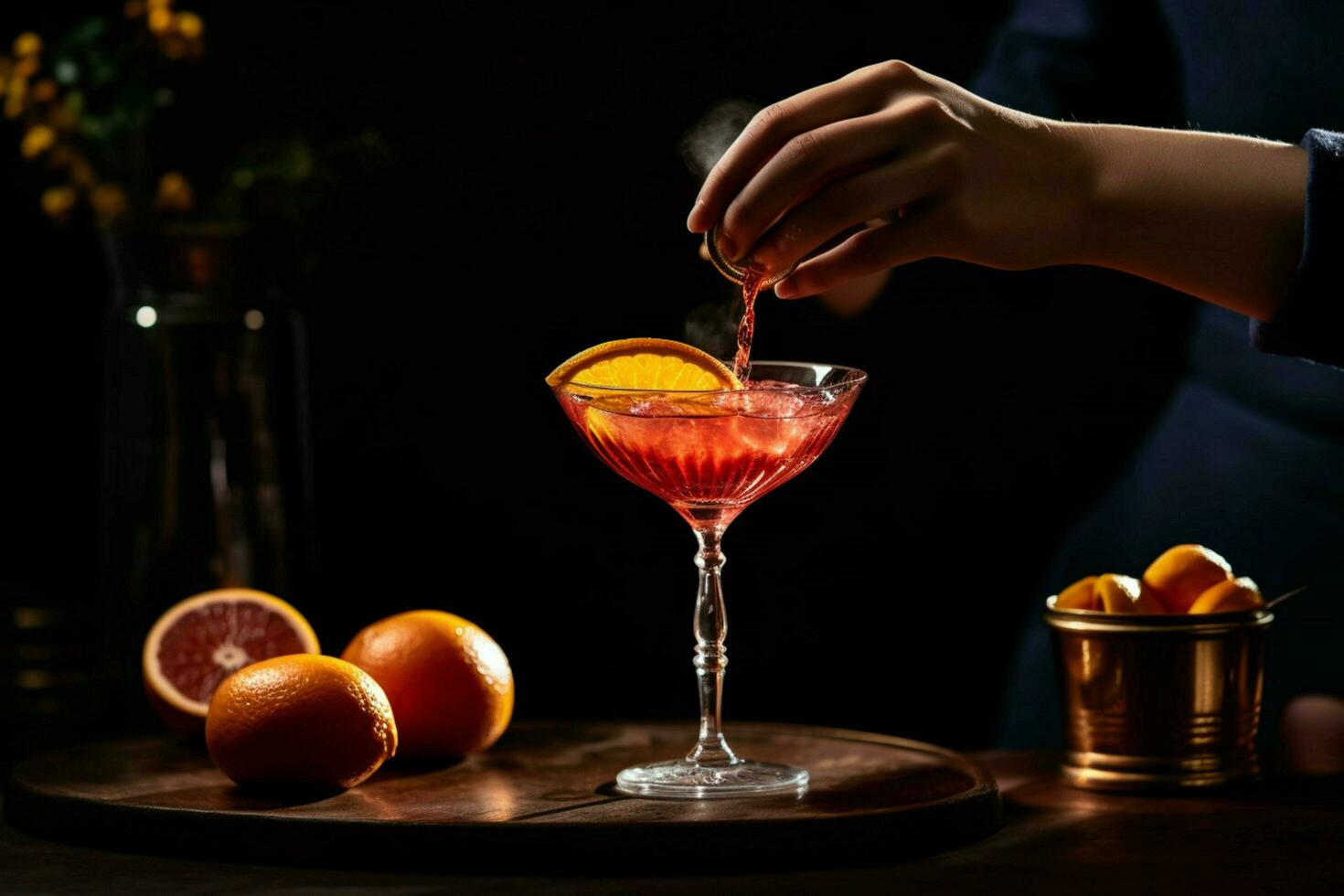 a woman is pouring a red cocktail into a glass wi photo