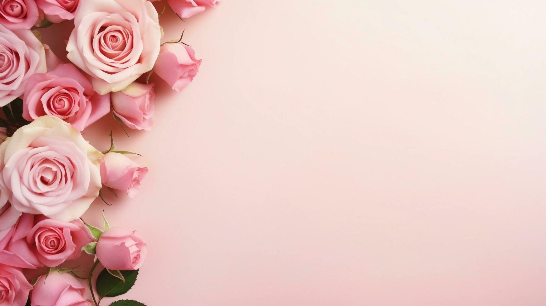 AI generated, a picture frame made up of red roses flowers on soft pink background, top view with space for text on the center, minimalism. photo