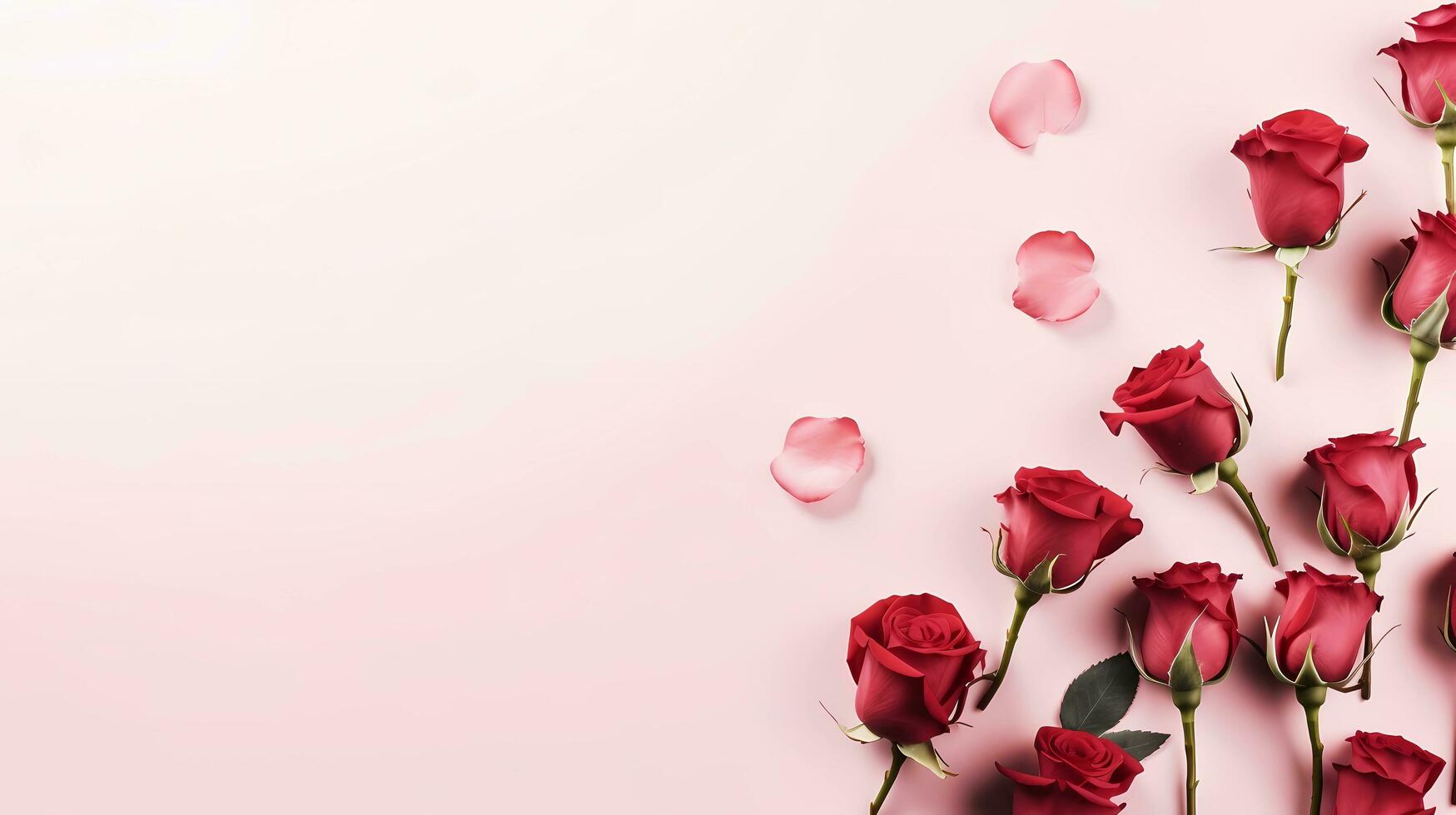 Red roses flowers pattern on soft pink background, AI generated, top view with space for text, minimalism. photo