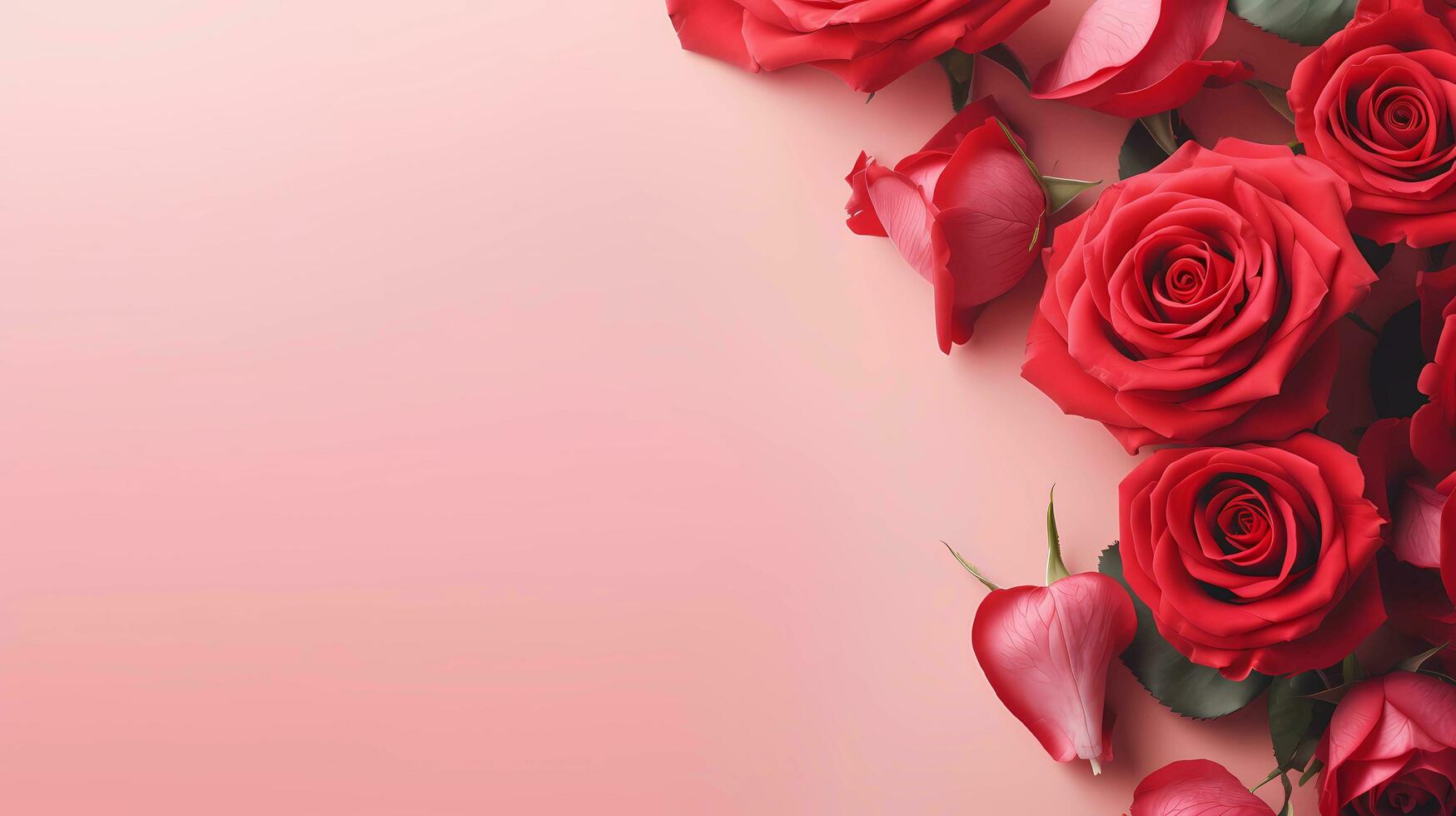 Red roses flowers pattern on soft pink background, AI generated, top view with space for text, minimalism. photo