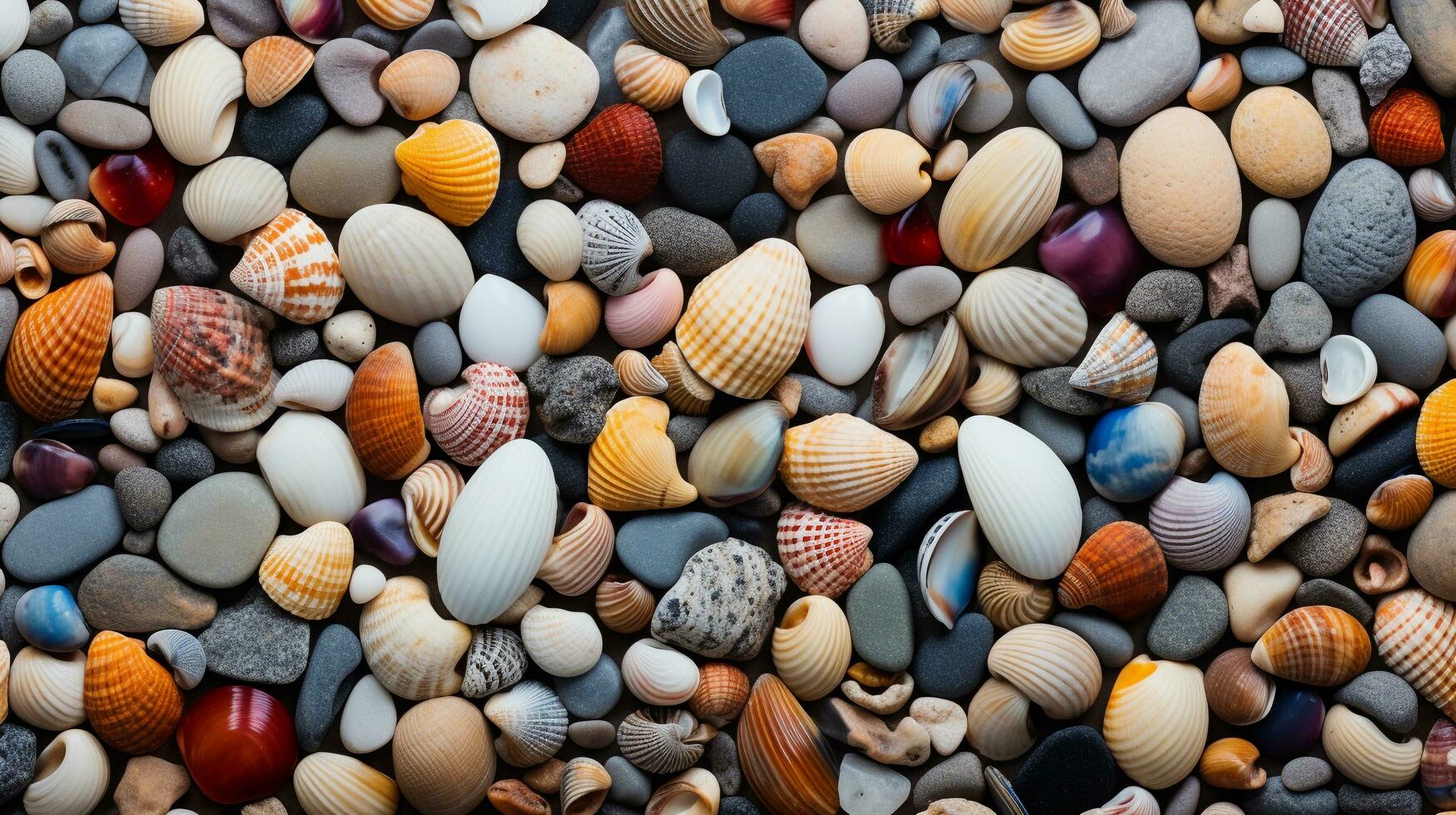 AI generated, patterns of sea shells, beach stones, coral reefs, colorful seaweed on the beach sand as a background, top view. photo