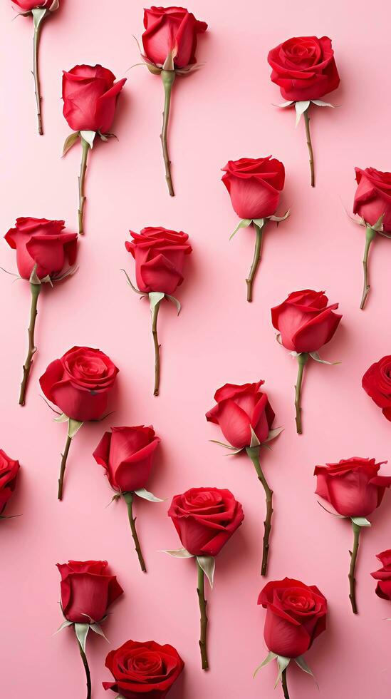 AI generated, Top view of a vertical background red roses flowers pattern on soft pink background photo