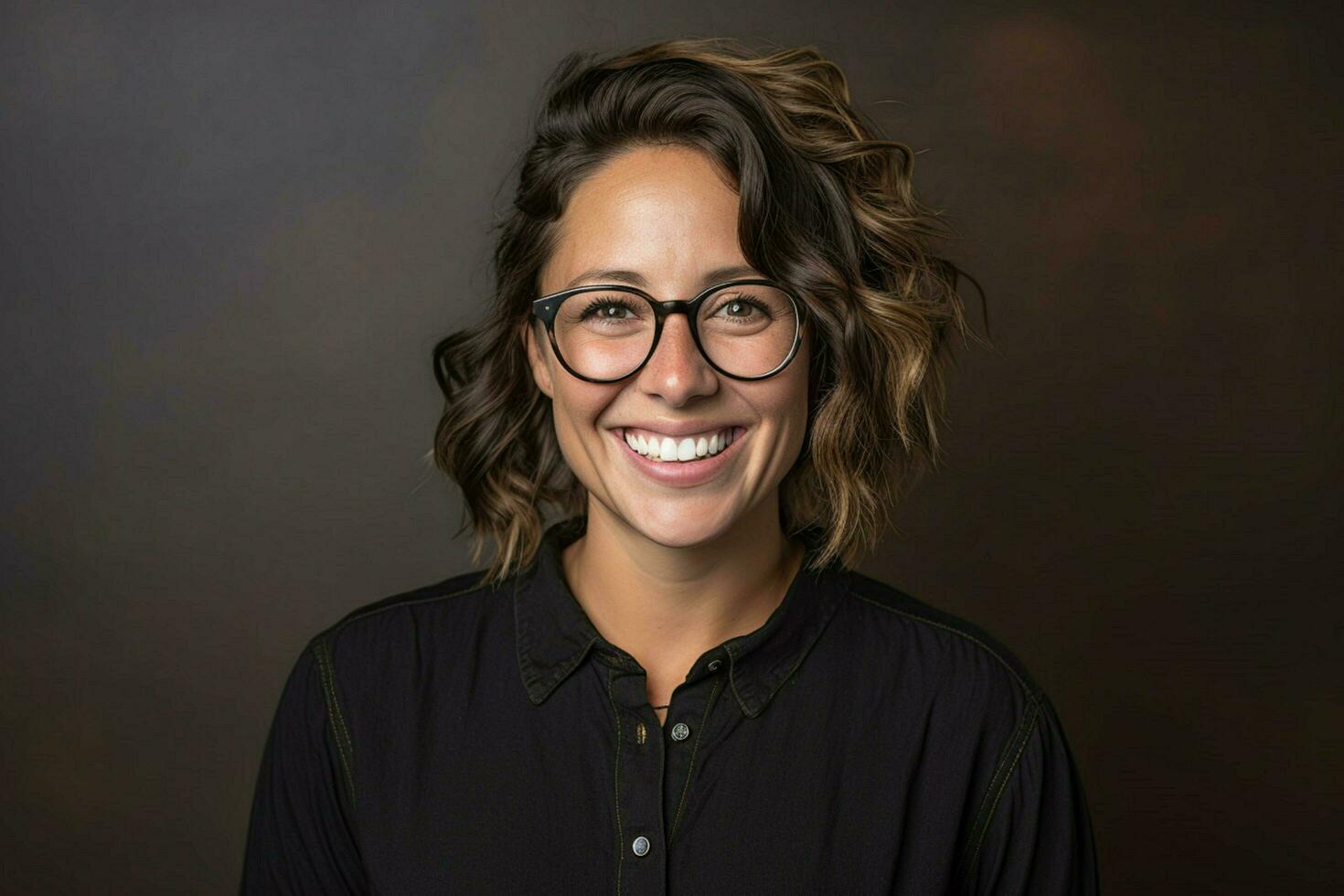 a woman wearing glasses is smiling and wearing a photo