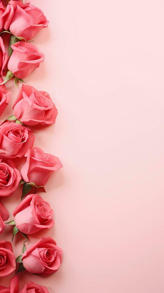 AI generated, Vertical background red roses flowers pattern on soft pink background, top view with space for text. photo