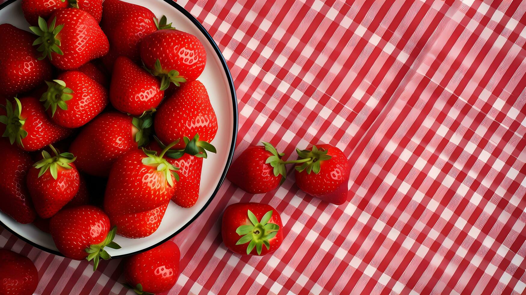 Red strawberries on a table with a patterned tablecloth, top view with space for text, AI generated, minimalism. photo