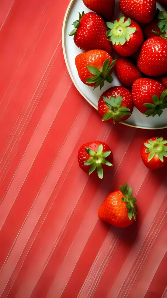 Red strawberries on a table with a patterned tablecloth, top view with space for text, minimalism, AI generated, Vertical form. photo