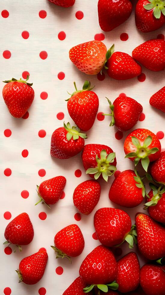 Red strawberries on a table with a patterned tablecloth, top view with space for text, minimalism, AI generated, Vertical form. photo
