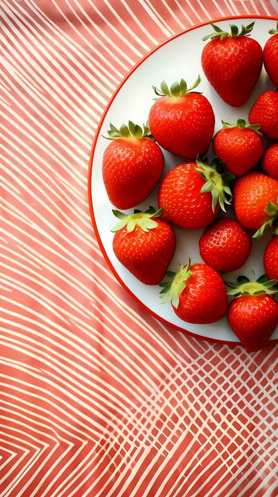 Red strawberries on a table with a patterned tablecloth, top view with space for text, minimalism, AI generated, Vertical form. photo