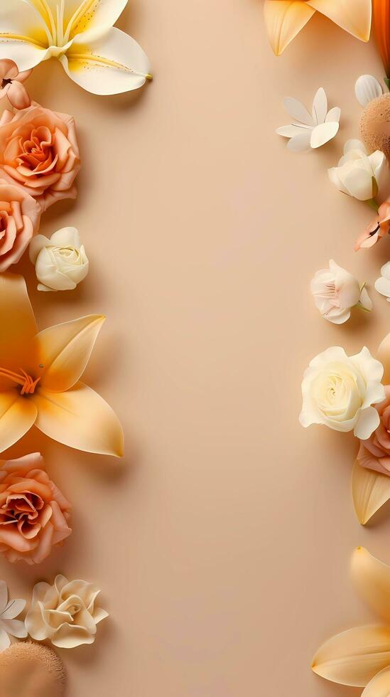 Rose Tulip Sunflower Orchid Lily roses flowers pattern on soft brown background, top view with space for text, minimalism, Vertical Form, AI generated photo