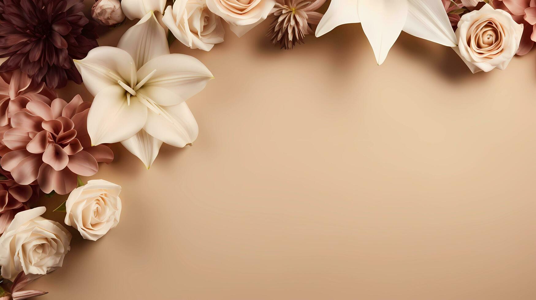 Rose Tulip Sunflower Orchid Lily roses flowers pattern on soft brown background, top view with space for text, minimalism, AI generated. photo