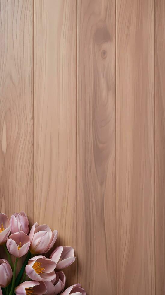 AI generated, Top view of a light brown wood texture with flowers around it with space for text, Vertical form, minimalism style. photo