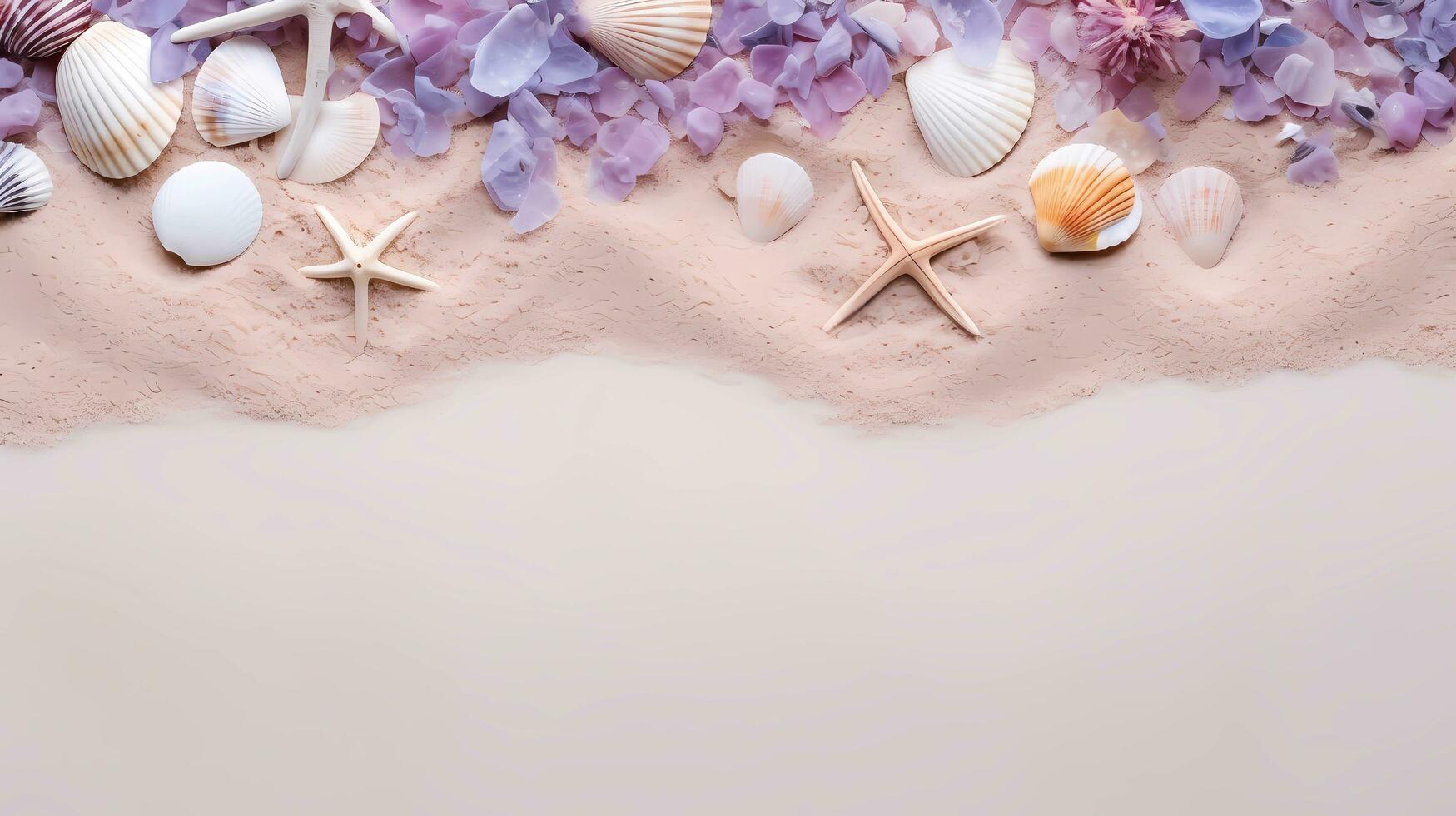 Top view of a patterns of colorful sea shells, beach stones, coral reefs on the light purple beach sand as a background, top view with space for text, AI generated. photo