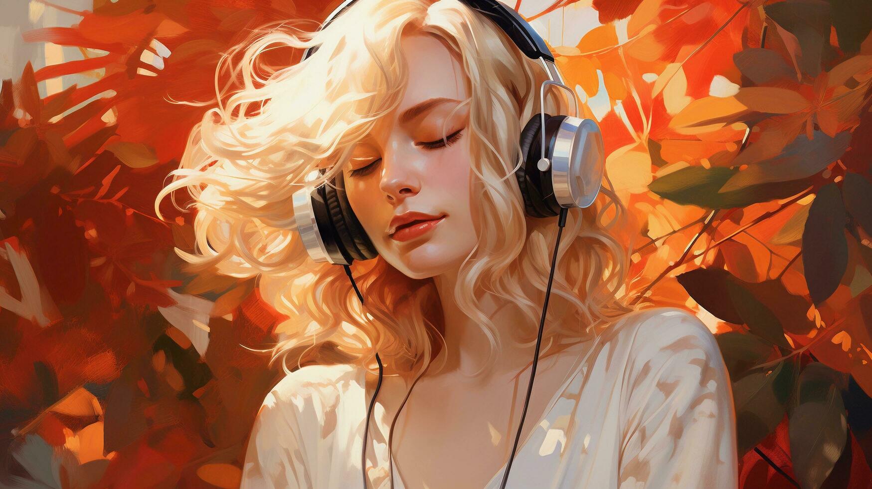 A blonde woman wearing headphones and a leaf, in the style of white and amber, pleasing sense of harmony, AI generated. photo