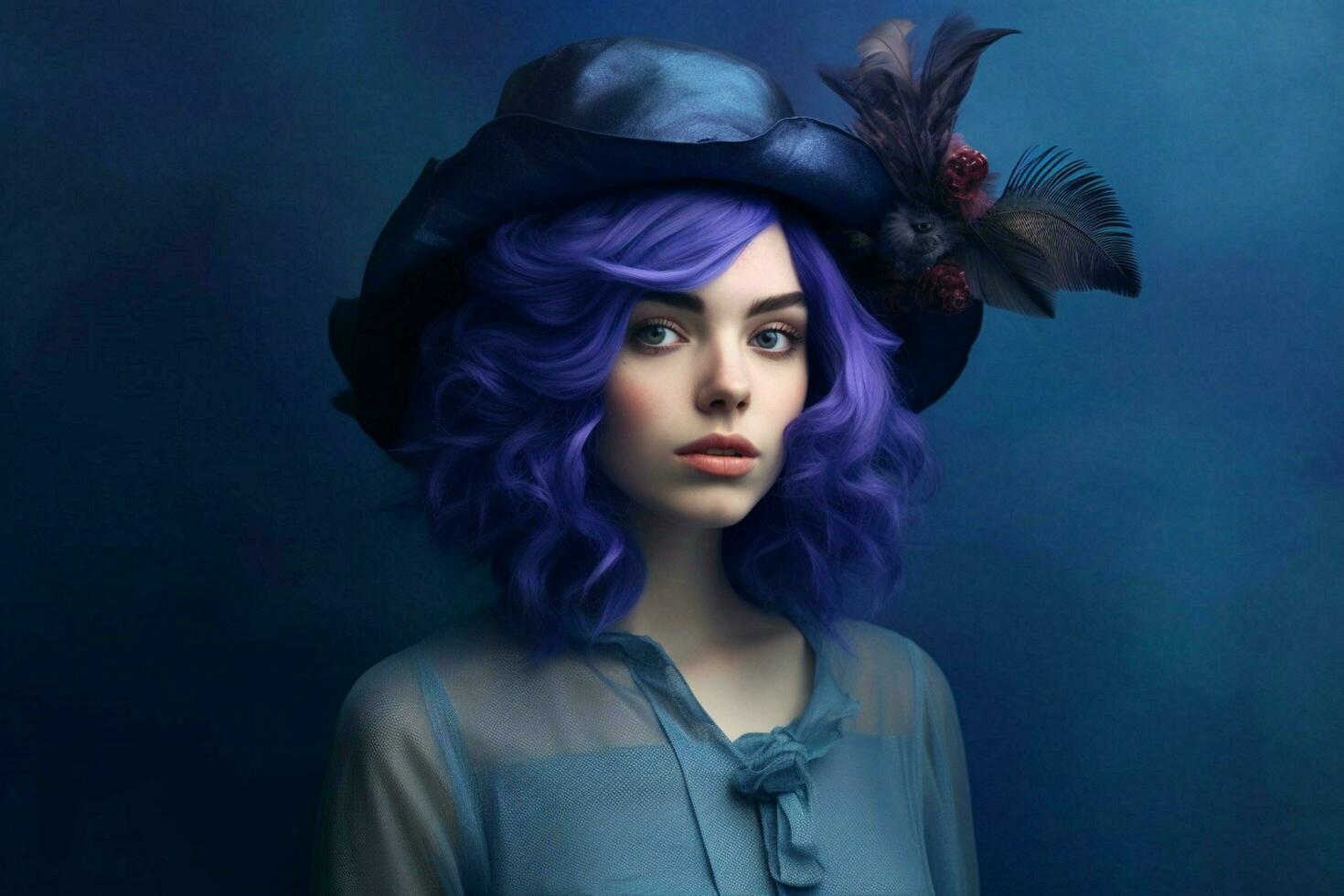 a woman with a blue hair and a purple hat photo