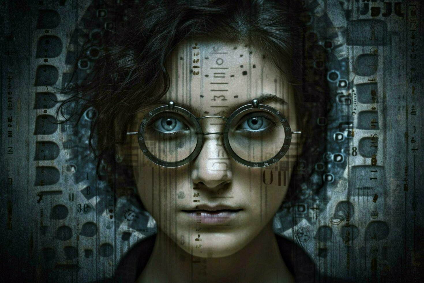 a woman wearing glasses with the word eye on it photo