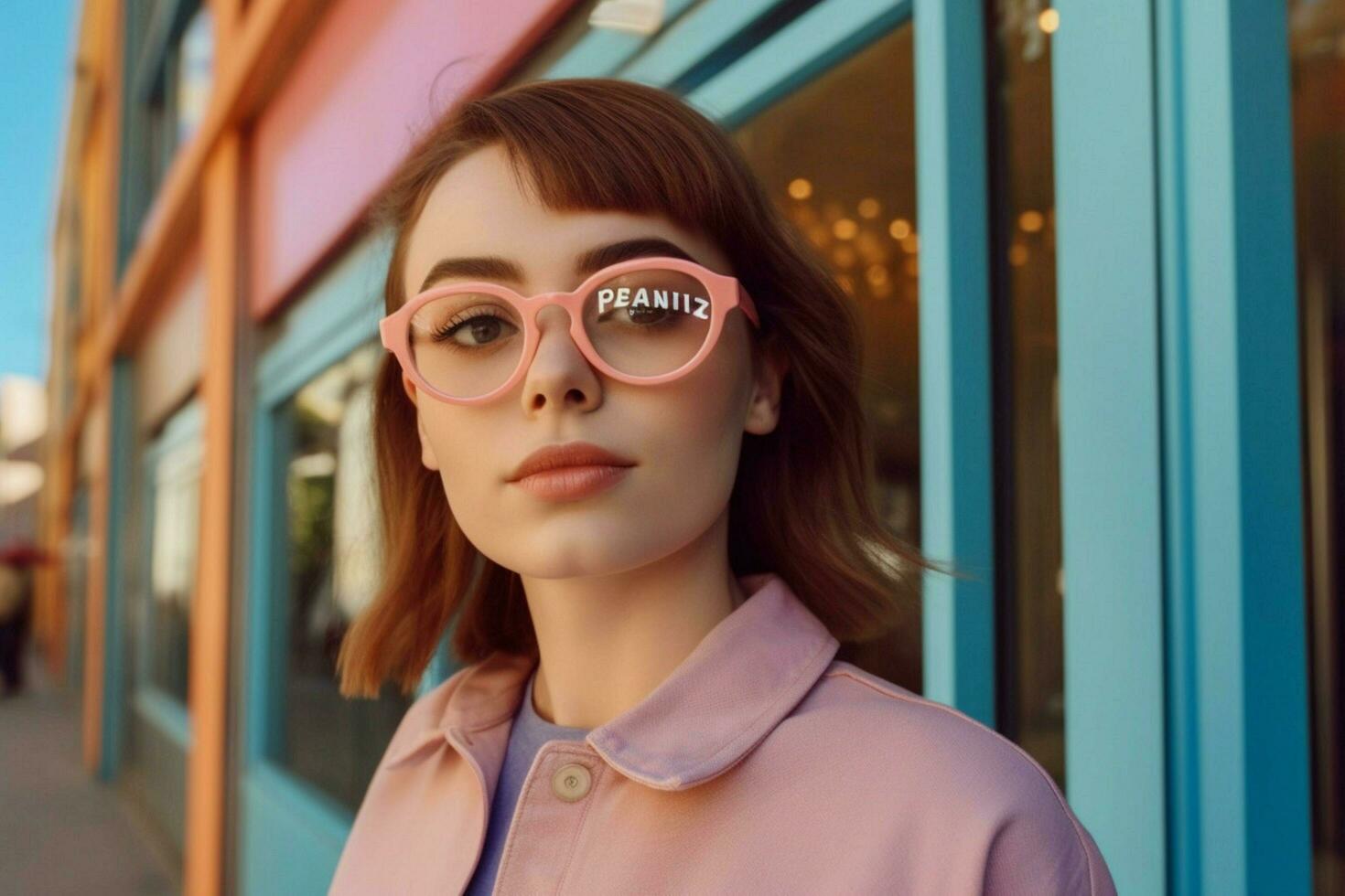 a woman wearing glasses with the word panera on t photo